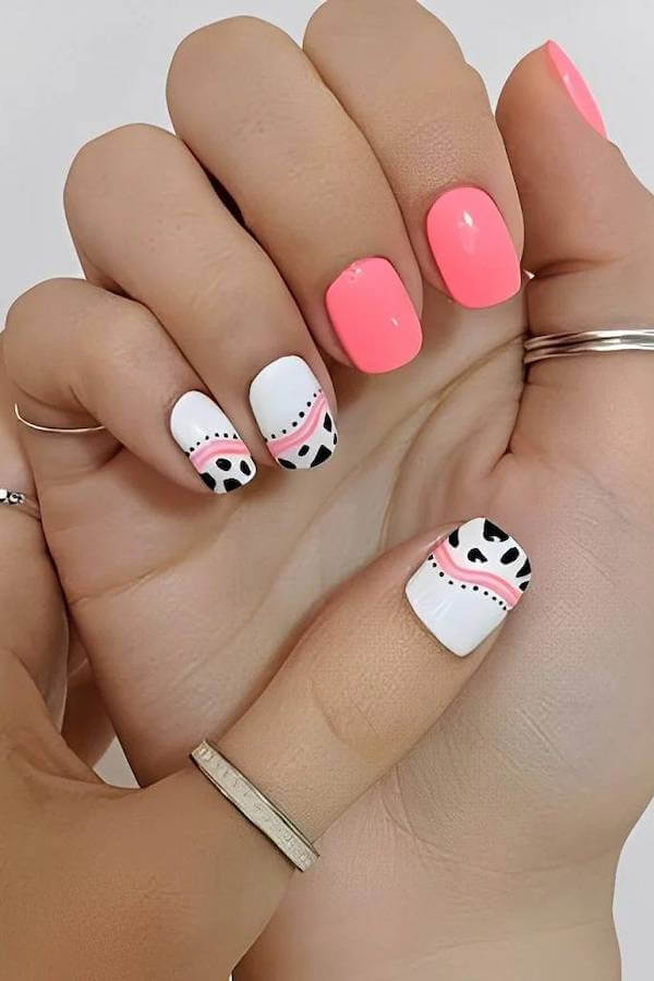 Pink and Cow Print Western Nails