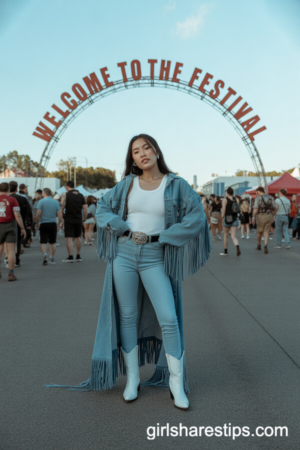 Light Blue Skinny Jeans and White Tank With Fringed Denim Duster
