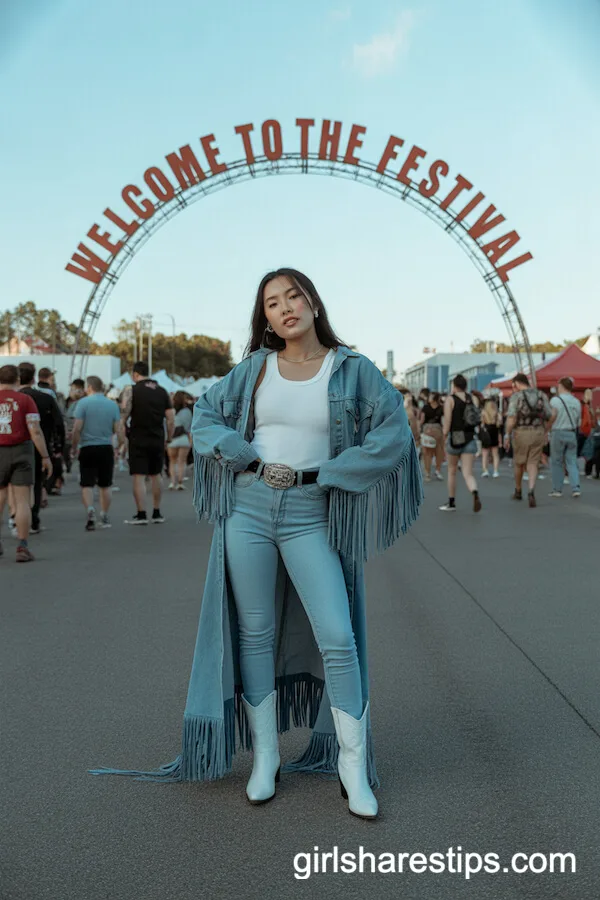 Light Blue Skinny Jeans and White Tank With Fringed Denim Duster