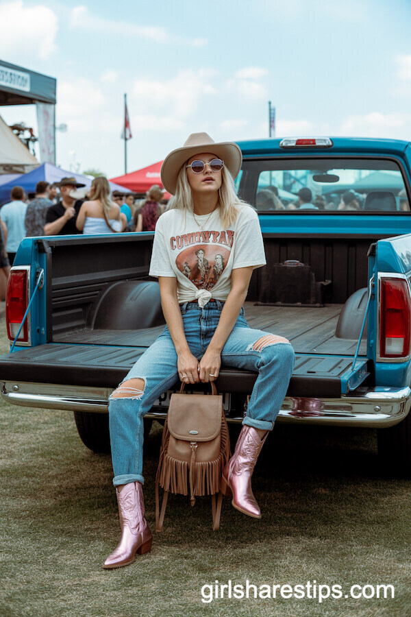 Distressed High-Rise Jeans With Vintage Band Tee and Metallic Boots
