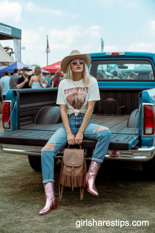 Distressed High-Rise Jeans With Vintage Band Tee and Metallic Boots