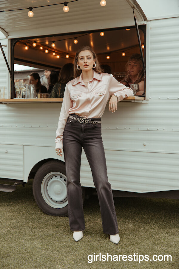 Bootcut Dark Denim and Pastel Satin Western Shirt With White Boots