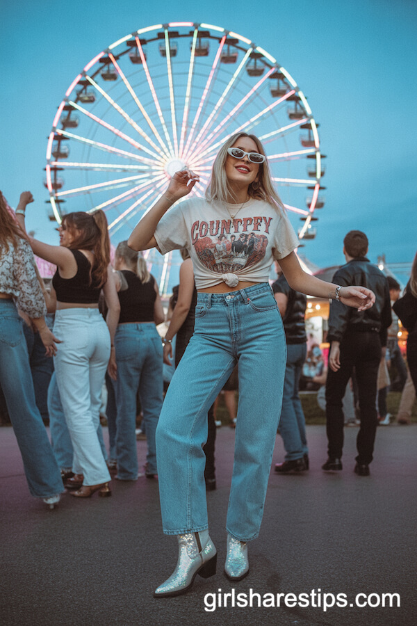 Relaxed High-Rise Jeans and Cropped Band Tee With Sequin Cowboy Boots