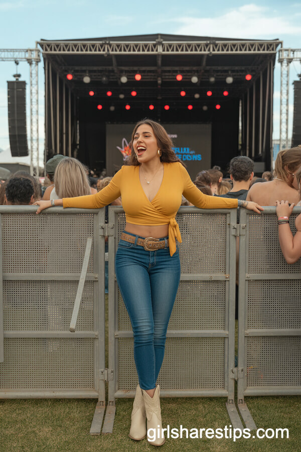 Skinny Blue Jeans and Mustard Wrap Top With Beige Western Booties