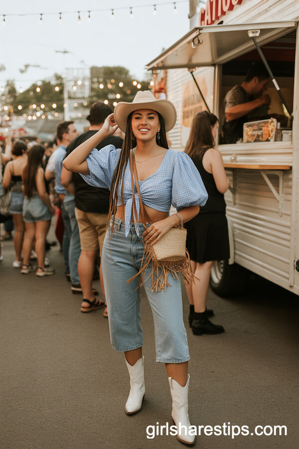 Cropped Light-Wash Jeans and Gingham Tie-Front Blouse With Straw Cowgirl Hat