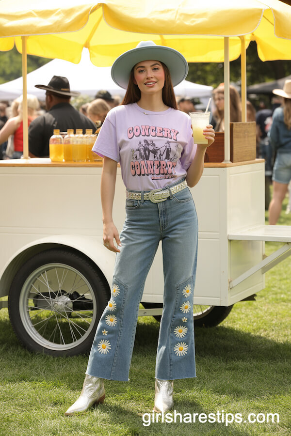 Wide-Leg Jeans With Daisy Embroidery and Lilac Graphic Tee
