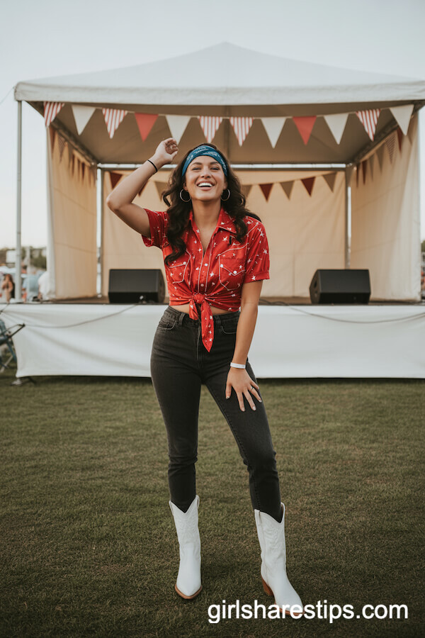 Dark Skinny Jeans and Red Star Western Shirt With White Boots