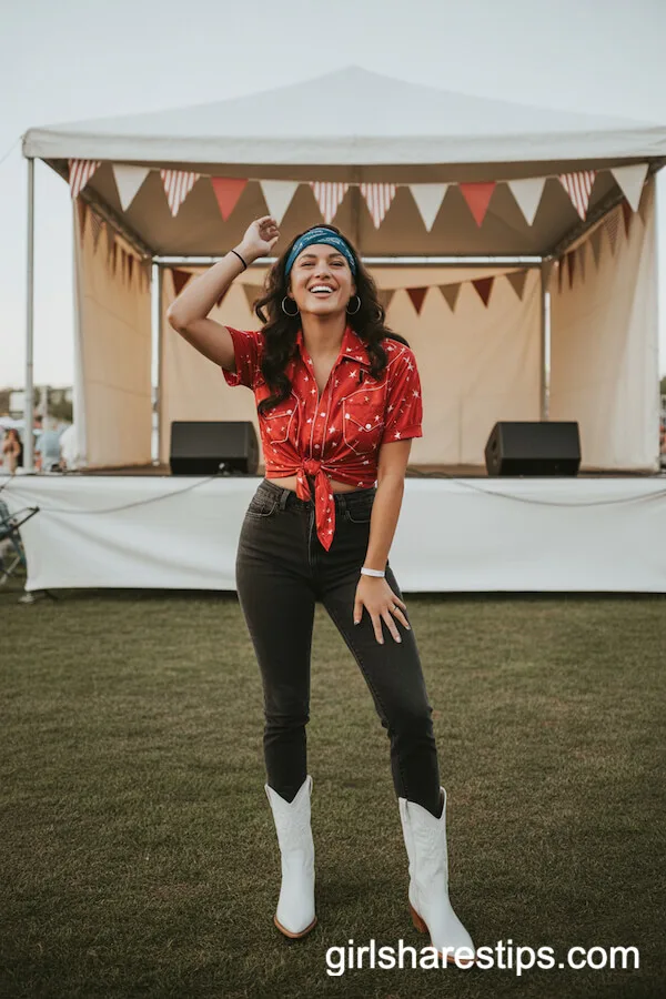 Dark Skinny Jeans and Red Star Western Shirt With White Boots