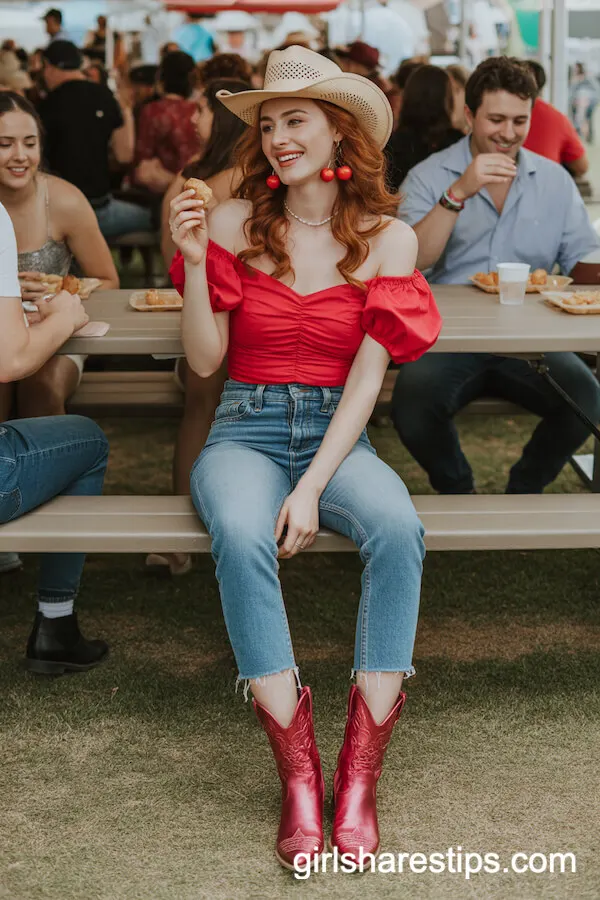 Cropped Raw-Hem Skinny Jeans Cherry Red Off-Shoulder Blouse Glittery Boots