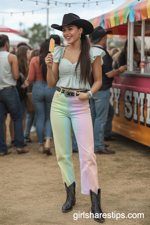 Pastel Ombré Straight-Leg Jeans and Mint Babydoll Top With Black Western Accessories