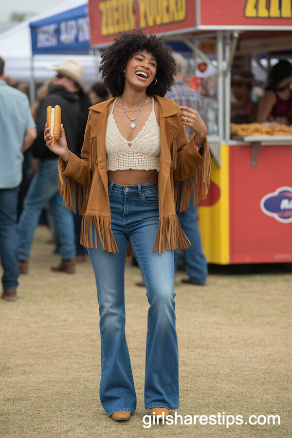 Flared Jeans and Crochet Crop Top With Fringe Jacket and Turquoise Accessories
