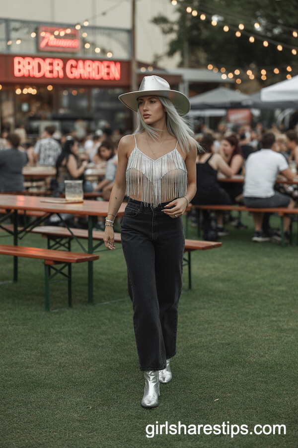 Black High-Waisted Jeans and Silver Fringe Cami With Metallic Boots