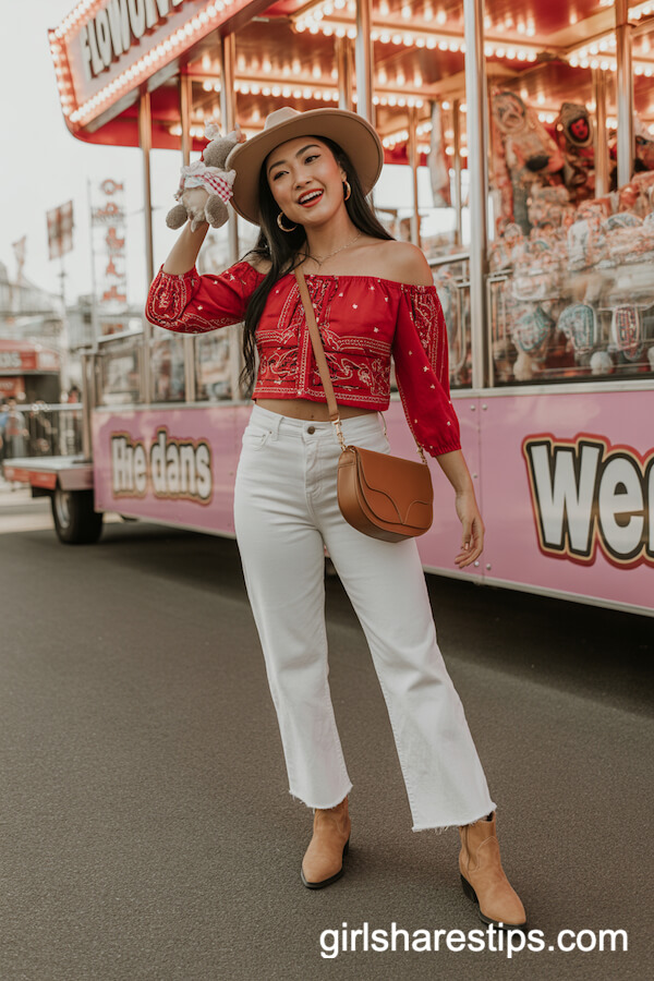 White Jeans and Bandana Off-Shoulder Blouse With Tan Western Boots