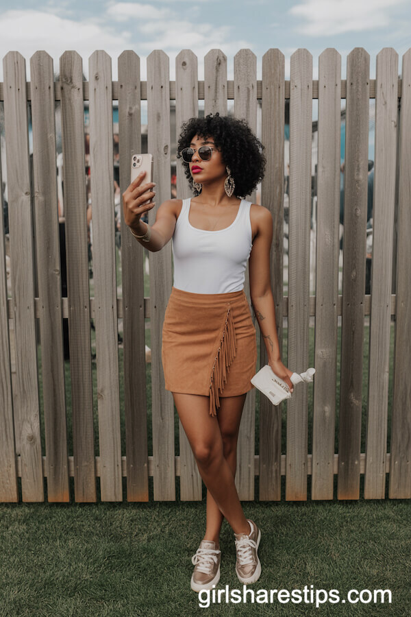 Suede Tassel Mini Skirt White Bodysuit Trendy Sneakers