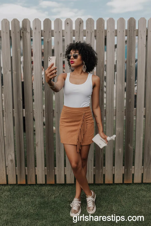 Suede Tassel Mini Skirt White Bodysuit Trendy Sneakers