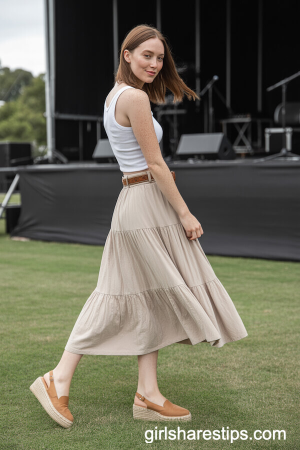 Tiered Cotton Skirt and Ribbed Tank with Platform Espadrilles