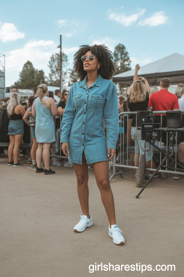 Denim Mini Dress with Classic Reebok Sneakers and Sunglasses