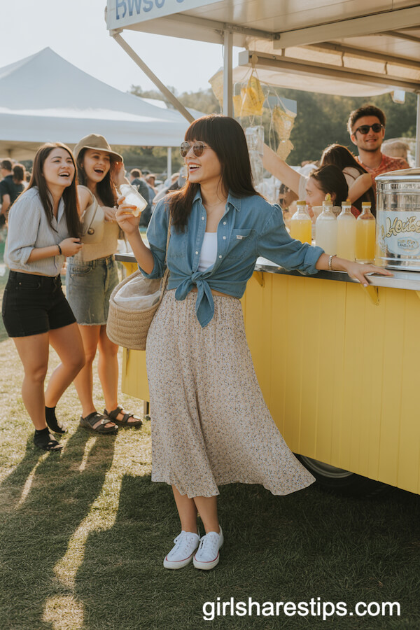 Floral Skirt, Tie-Front Denim Shirt, White Keds Sneakers