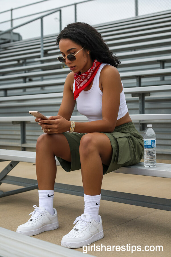 Cargo Shorts and Ribbed Crop Top with Nike Air Force 1 Sneakers