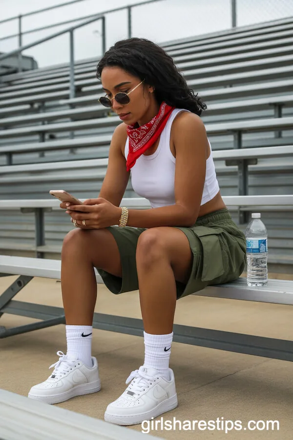 Cargo Shorts and Ribbed Crop Top with Nike Air Force 1 Sneakers