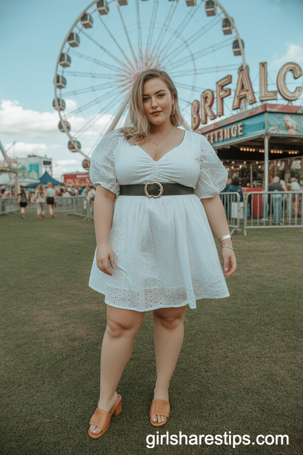 Eyelet Puff Sleeve Dress with Black Belt and Slide Sandals
