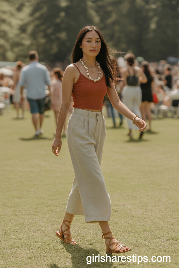 Linen Pants with Cropped Cami and Strappy Flat Sandals