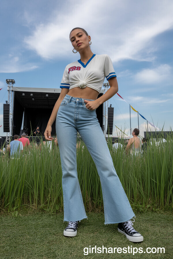 Flared Jeans and Cropped Sports Jersey Tee with Converse Sneakers