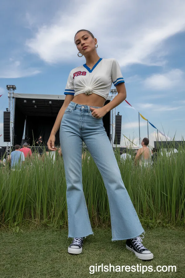 Flared Jeans and Cropped Sports Jersey Tee with Converse Sneakers
