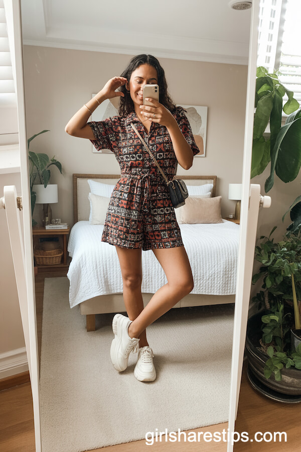 Patterned Playsuit with Chunky Platform Sneakers and Crossbody Bag