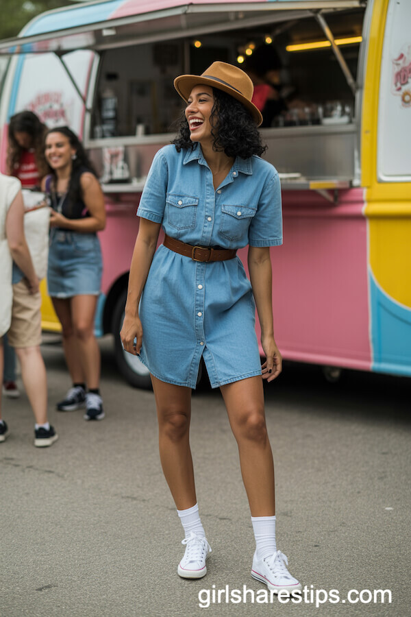 Short-Sleeved Denim Shirt Dress with Straw Hat and Canvas Sneakers