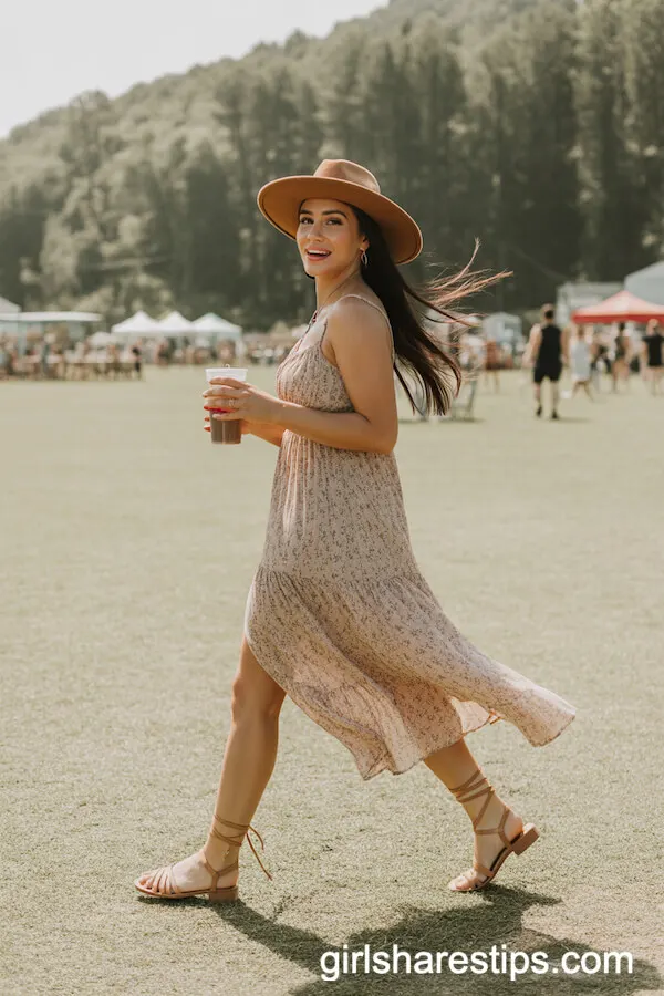 Floral Sundress with Tan Western Hat and Strappy Flat Sandals
