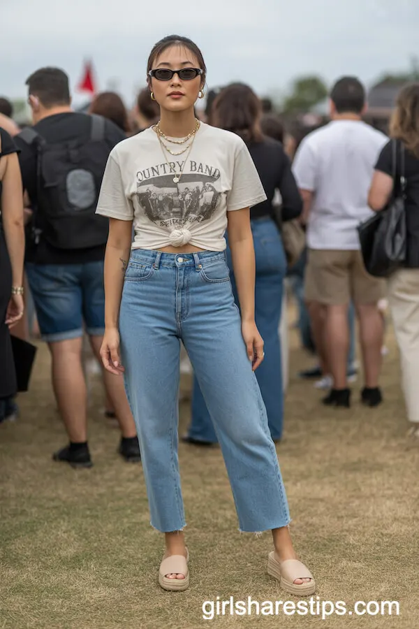 High-Waisted Jeans with Vintage Band Tee and Espadrille Slides