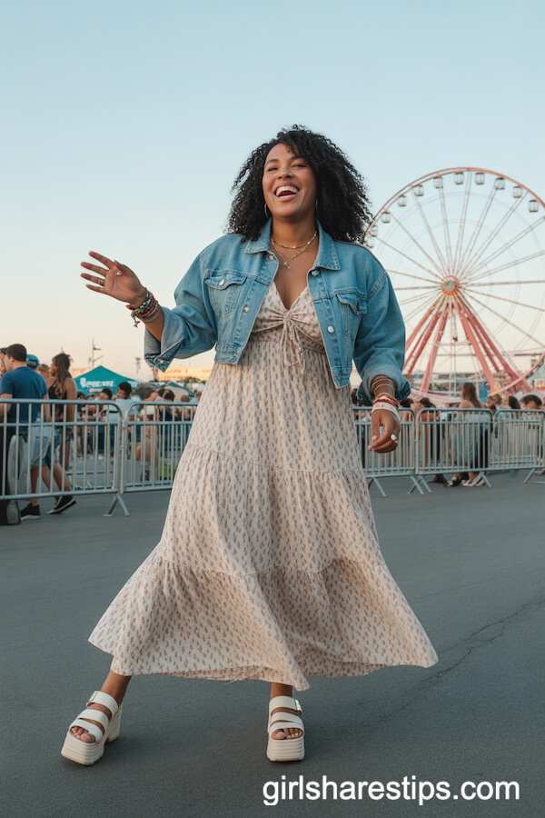 Bohemian Maxi Dress with Denim Jacket and Platform Sandals