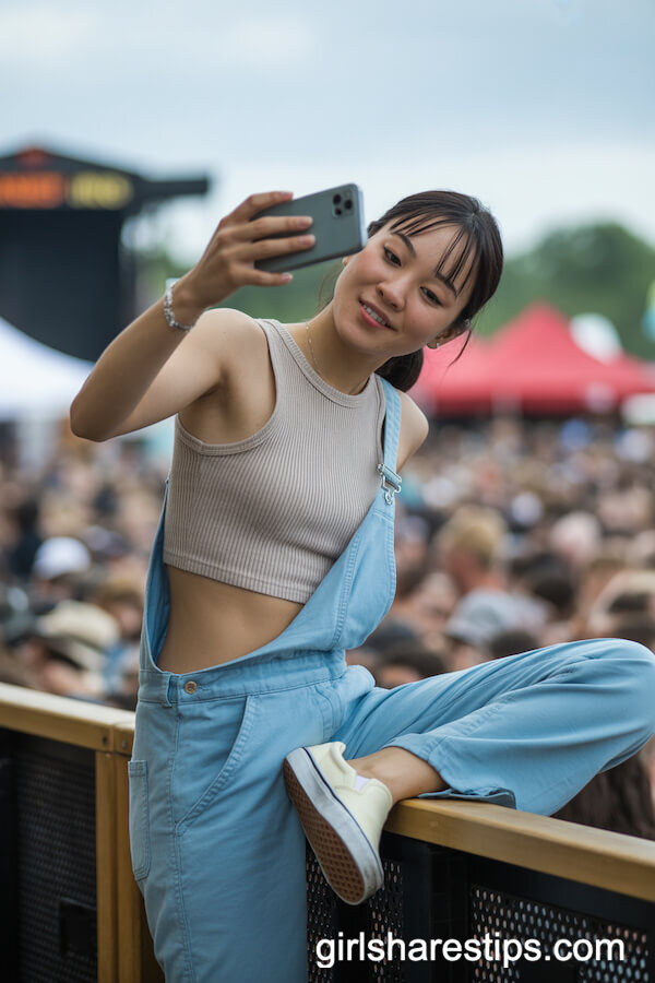 Light Blue Overalls with Crop Top and Classic Vans Slip-Ons