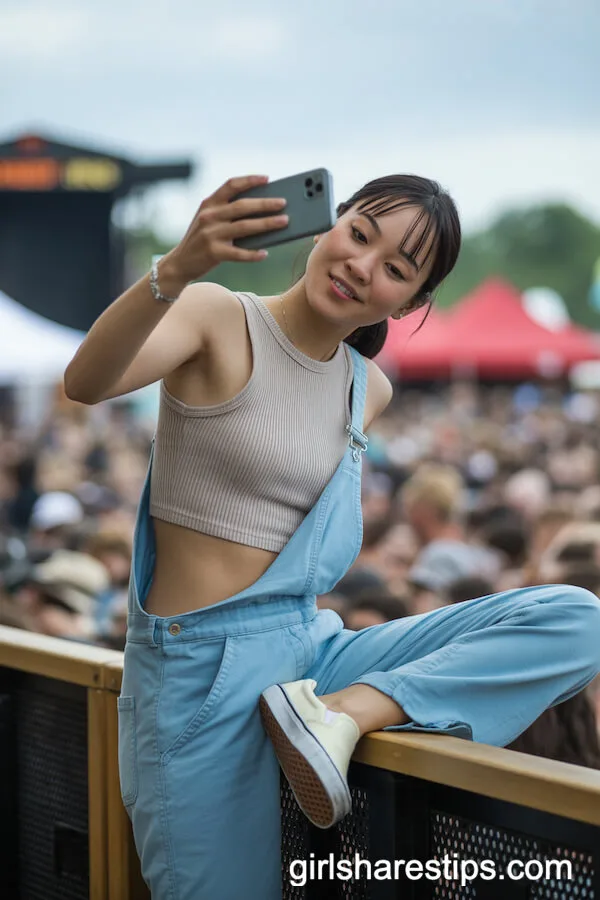 Light Blue Overalls with Crop Top and Classic Vans Slip-Ons