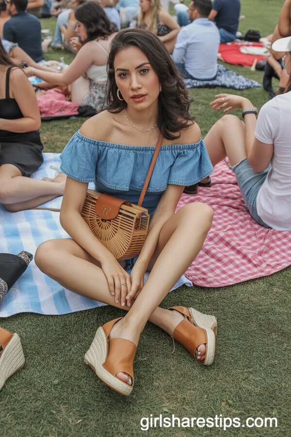 Off-the-Shoulder Denim Romper with Espadrille Wedges