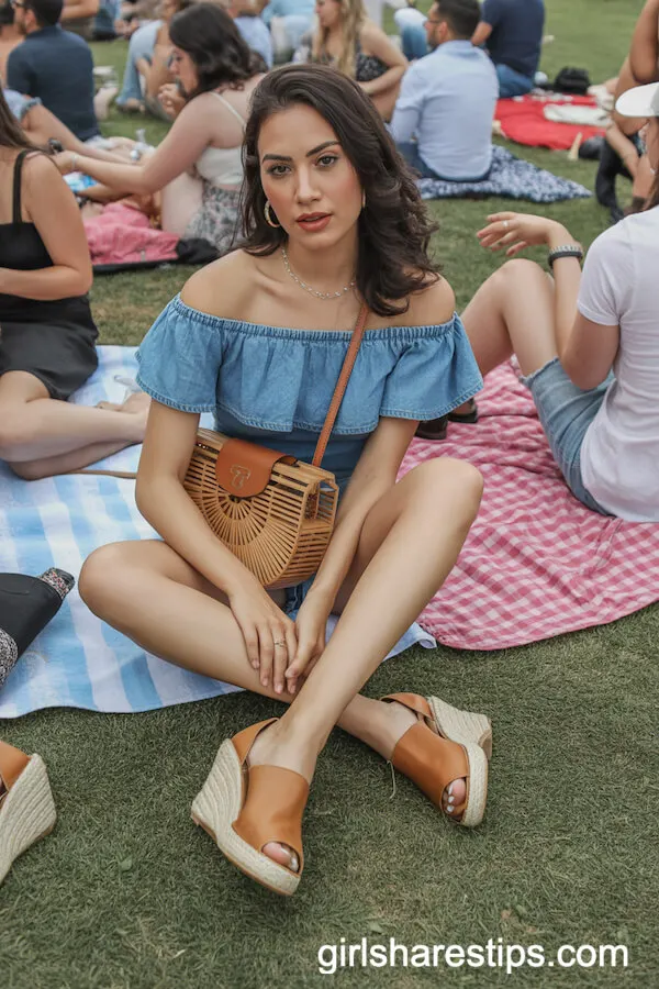 Off-the-Shoulder Denim Romper with Espadrille Wedges