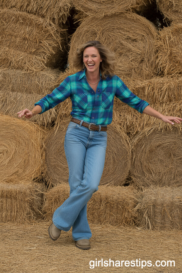 Blue and Green Flannel Shirt With Bootcut Jeans and Leather Belt