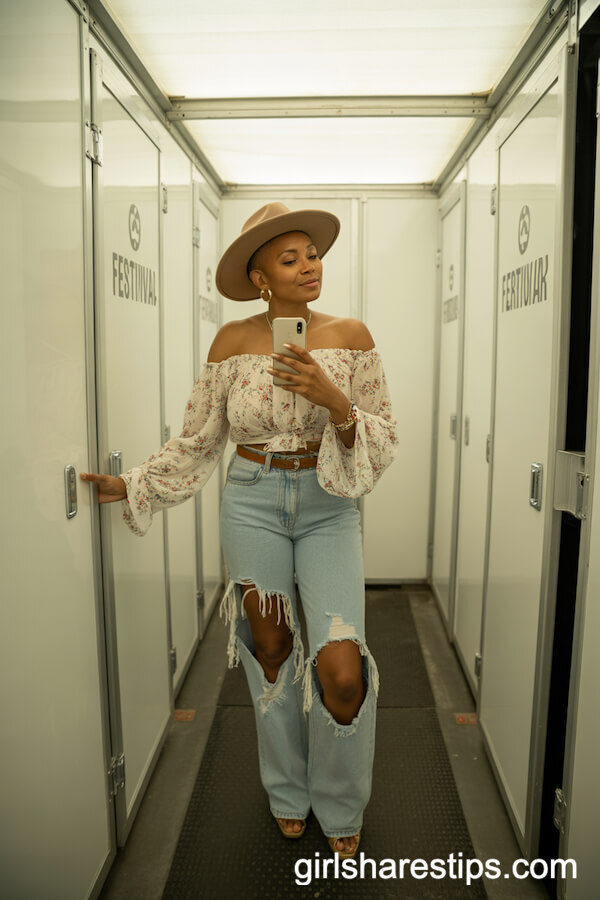 Off-Shoulder Floral Blouse and Ripped Jeans With a Cowboy Hat
