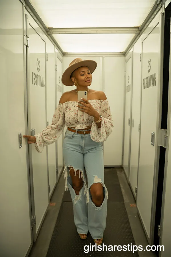 Off-Shoulder Floral Blouse and Ripped Jeans With a Cowboy Hat