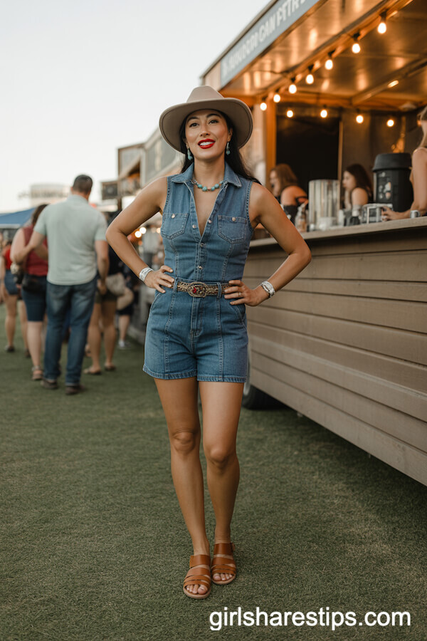 Western-Style Denim Romper With Tan Leather Sandals and Turquoise Jewelry
