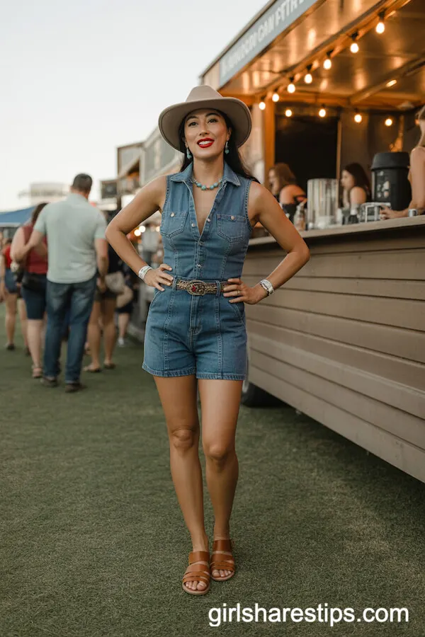 Western-Style Denim Romper With Tan Leather Sandals and Turquoise Jewelry