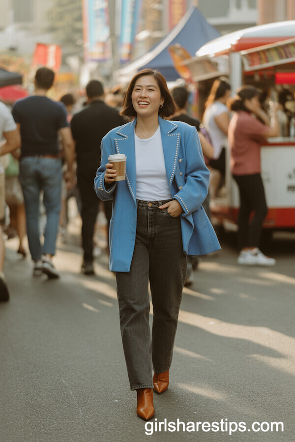 Vintage Light Blue Western Blazer and Straight Leg Jeans With Boots