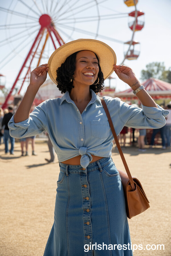 Wide-Brim Hat Chambray Shirt Button-Front Denim Skirt