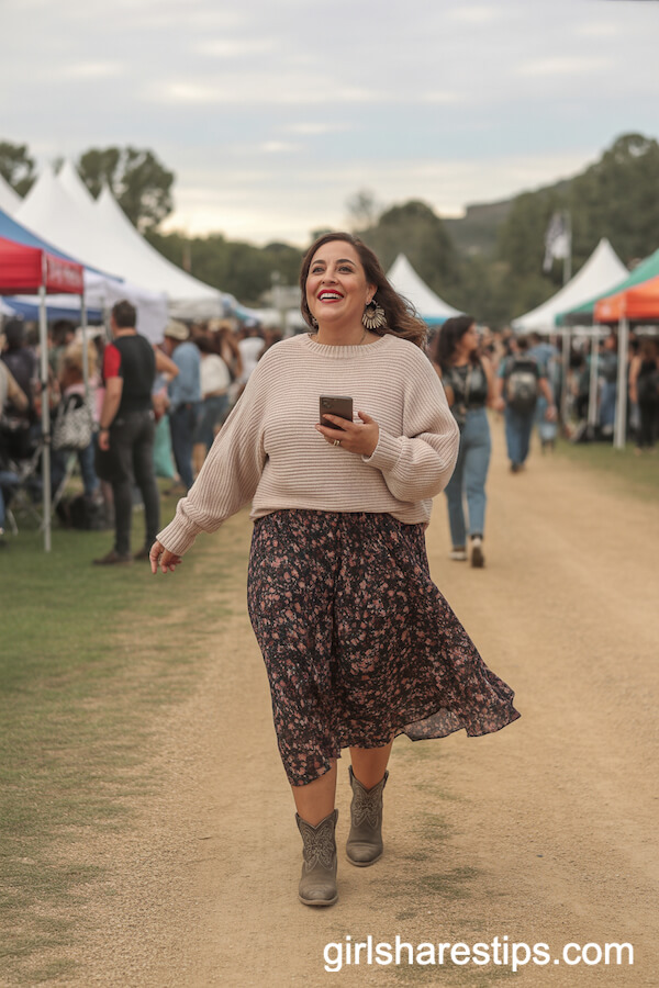 Chunky Sweater Tucked Into a Floral Midi Skirt With Ankle Boots