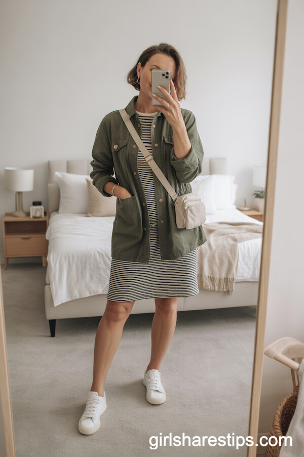 Olive Green Utility Jacket Over a Striped T-Shirt Dress With Sneakers