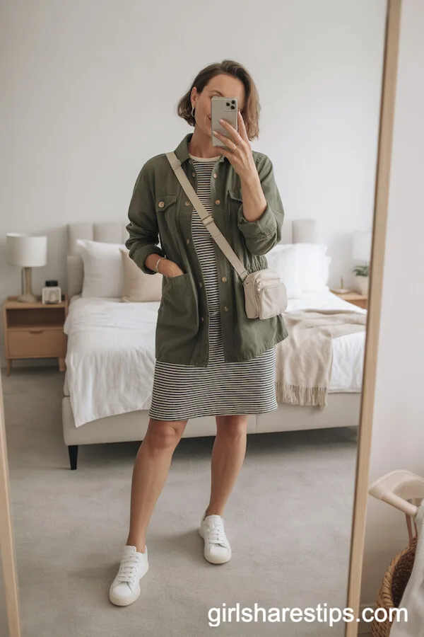 Olive Green Utility Jacket Over a Striped T-Shirt Dress With Sneakers