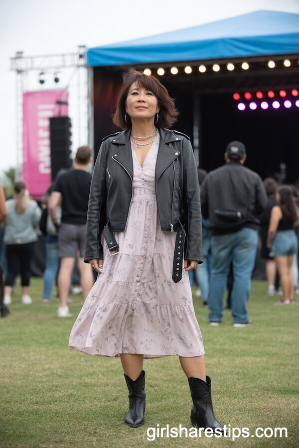 Black Moto Jacket Over a Floral Midi Dress With Western Boots