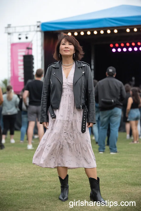 Black Moto Jacket Over a Floral Midi Dress With Western Boots