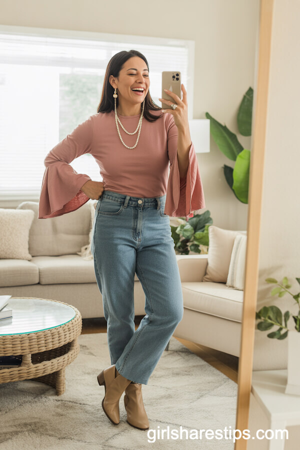 Dusty Rose Bell Sleeve Top and High-Rise Straight Jeans With Booties